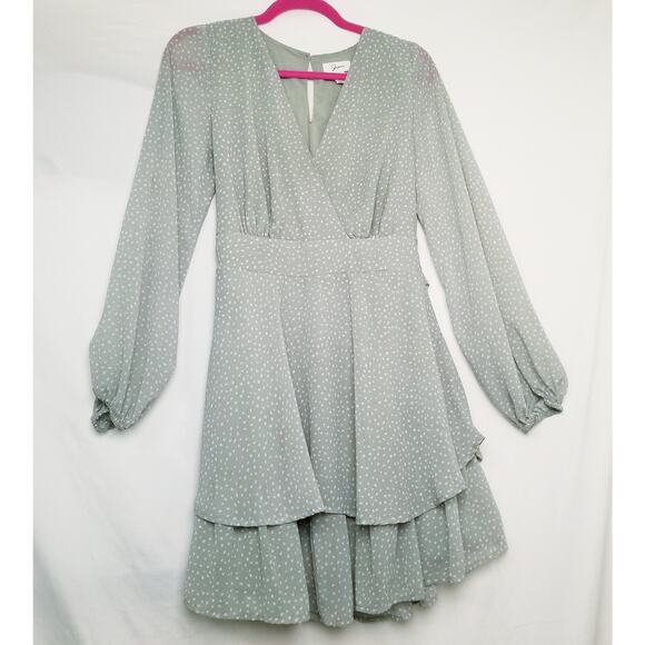 Japna Light Green Floral Tiered Career Casual Dress SZ L Long Sleeve Boho V-Neck - Picture 1 of 8